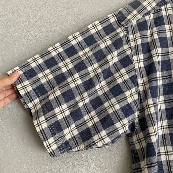 Creative Edge Button Up Men’s Size Large Linen Plaid Blue Short Sleeve Collared - Picture 4 of 7